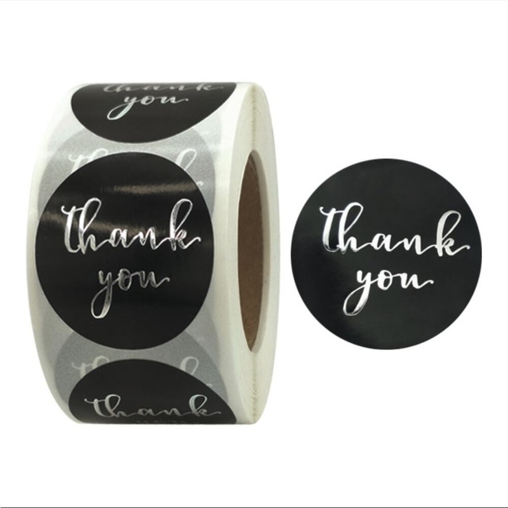 500 1 inch black and silver thank you stickers on roll for packaging